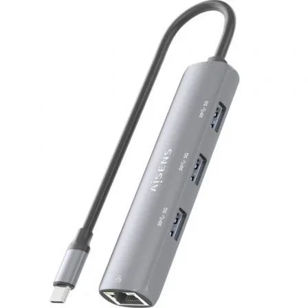 AISENS Dock USB-C a Ethernet Gigabit + Hub 3xUSB-A, Gris, 15cm